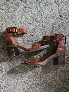Zodiac Tan Leather Block Heel Sandals with Ankle Buckle